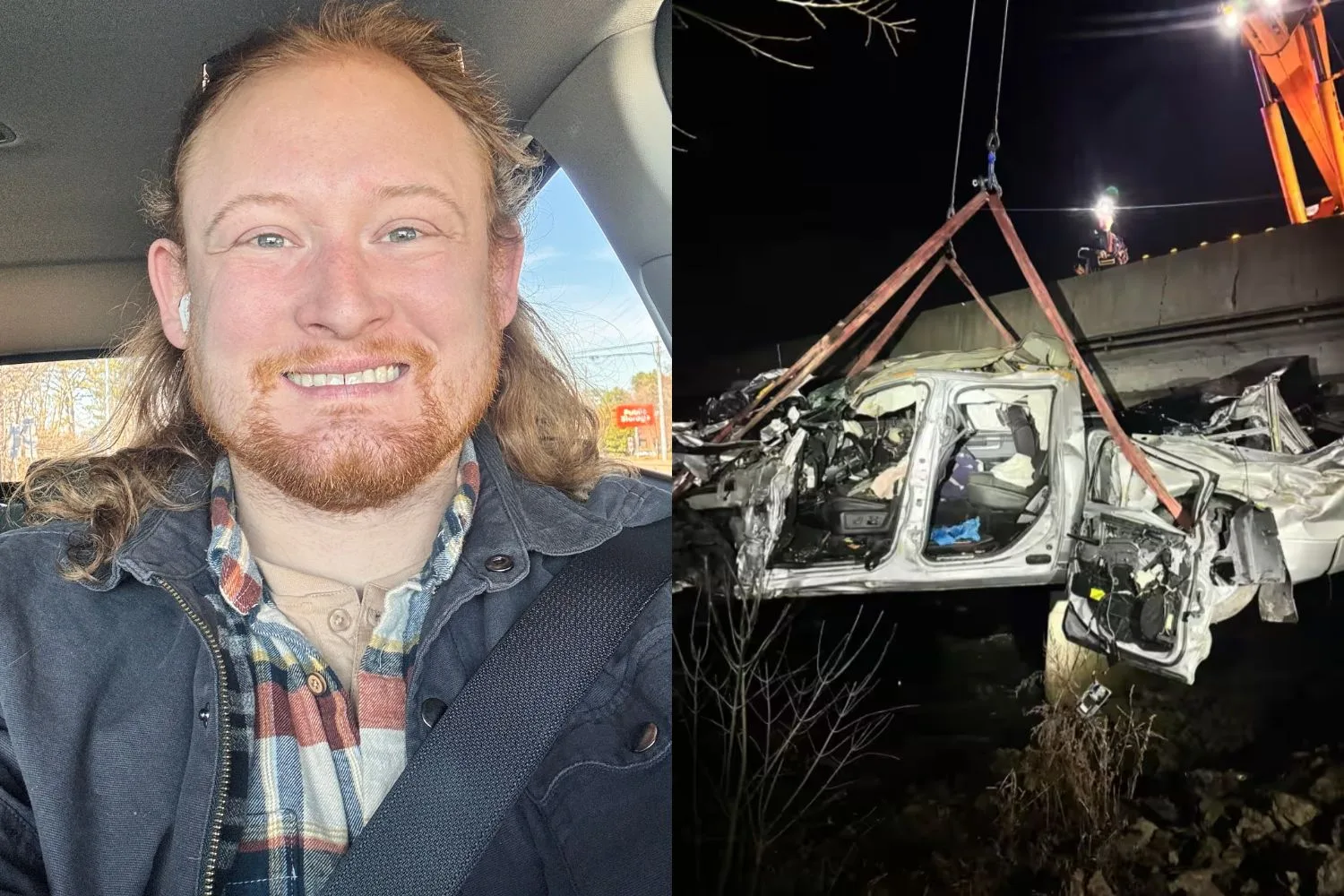 photo of man in blackjacket and shirt in car and crashed truck wreck