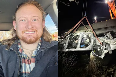 photo of man in blackjacket and shirt in car and crashed truck wreck