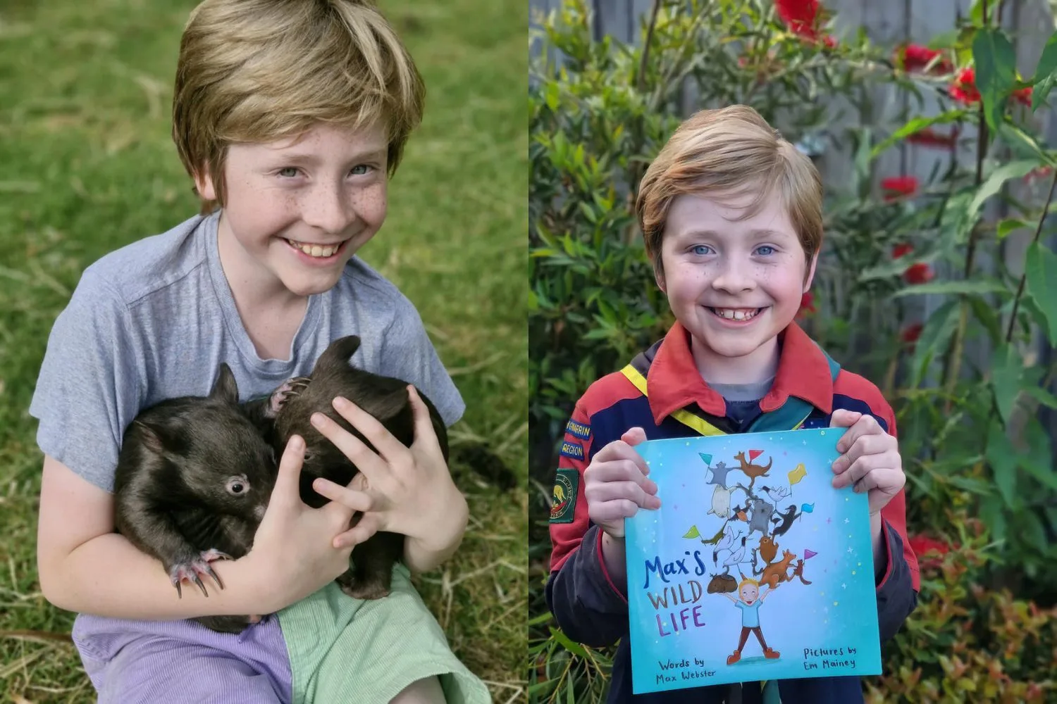 boy in grey holding two wombats, boy in red top holding blue book