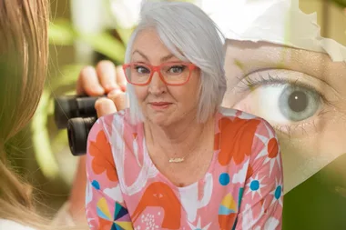 A background collage featuring stock images of a girl spying in the bush and an eye peering through paper. At the forefront is Sue-Ellen, the main subject of the story who reveals about her life as a child spy working alongside her parents for ASIO