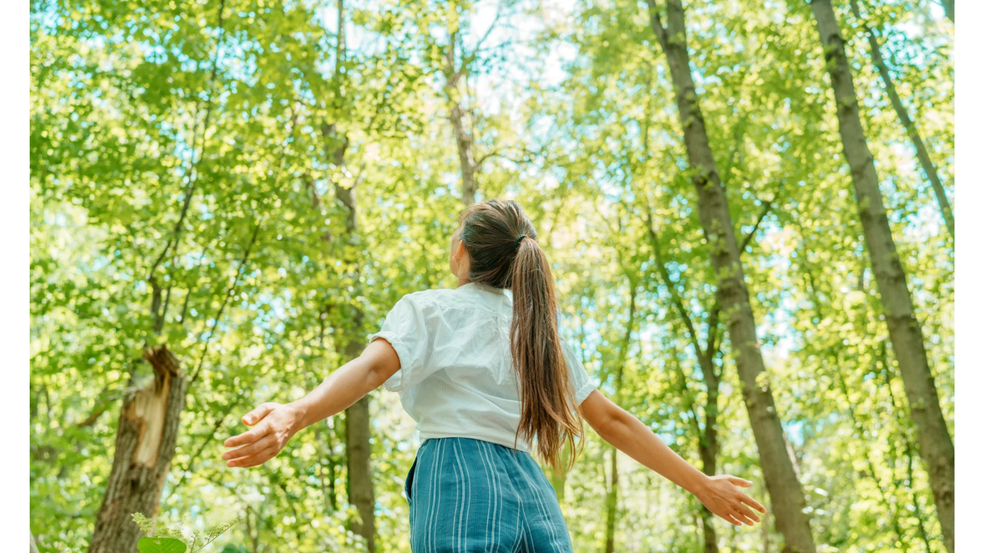 A woman outstretches her arms and looks up at tall trees.