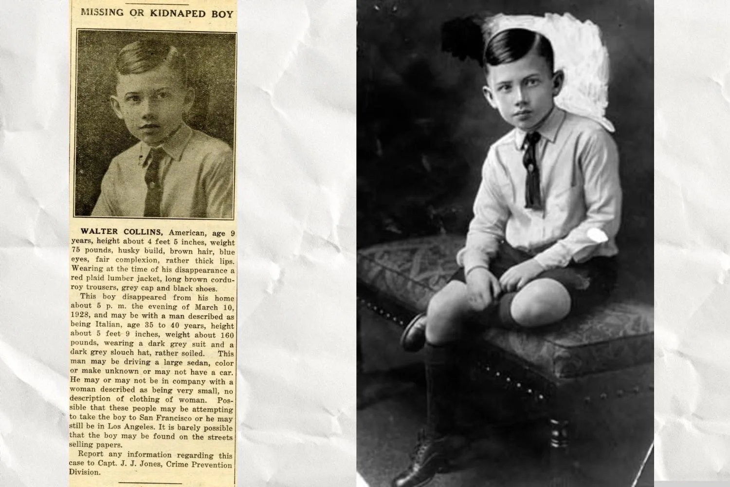 Image of newpaper cutting on disappearance of Walter Collins next to portrait of a young boy