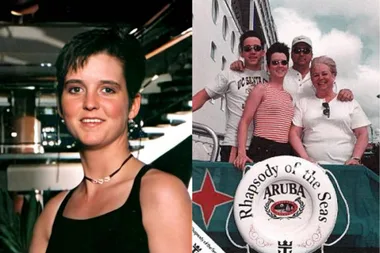 Collage of image of Amy Bradley and a photo of her with her family outside a cruise ship