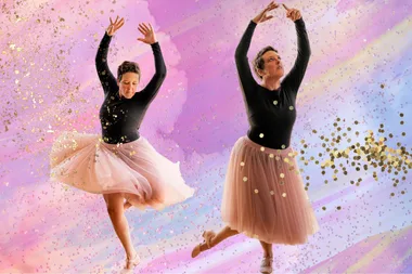A collage of a middle-aged woman dancing in a ballerina outfit. The background is pink and sparkly and there are two images of her in the forefront.