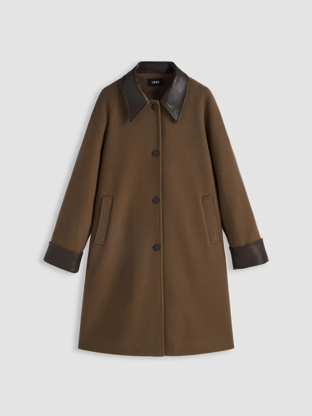 brown longline barn jacket with faux leather collar and cuff Cider