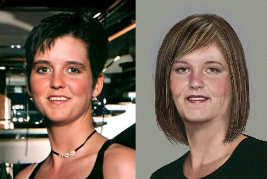 Amy Bradley on the cruise prior to her disappearance, alongside a generated age progression picture.