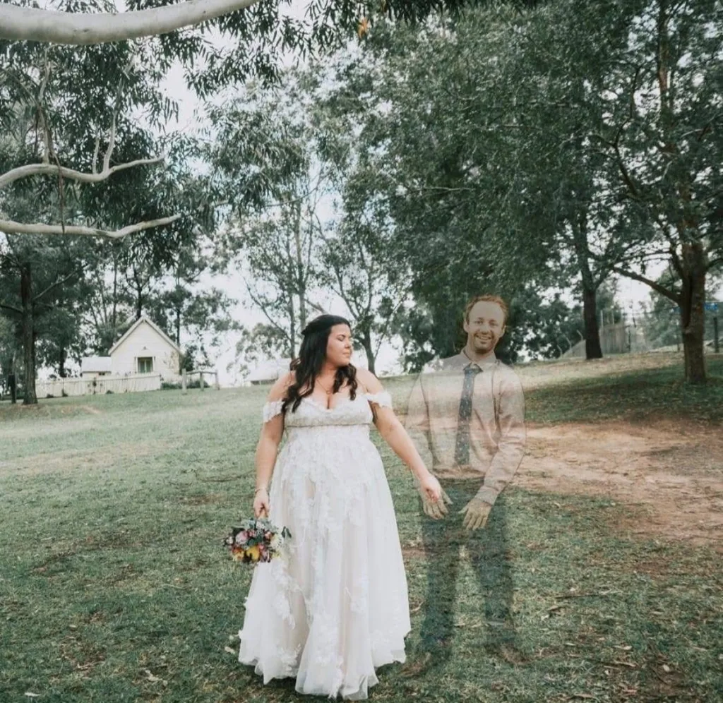 Image of man and woman on their wedding day, woman is in view and man is edited to look faded