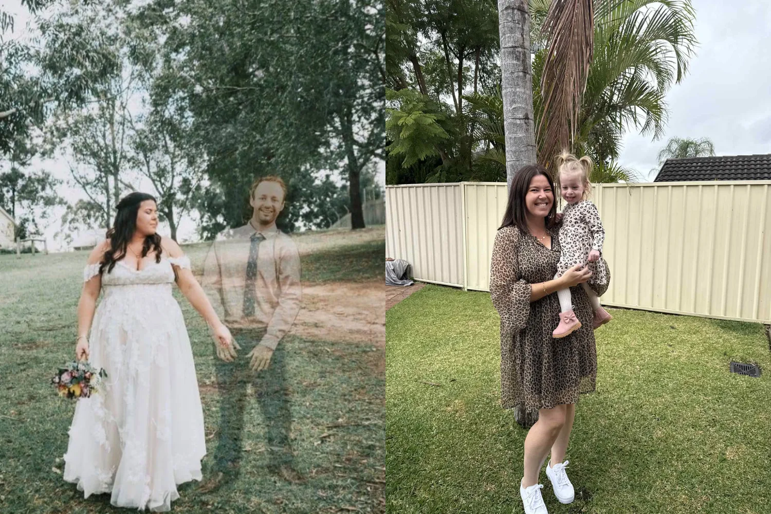 Image of woman and husband on wedding day. and image of woman holding miracle IVF baby