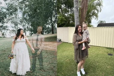 Image of woman and husband on wedding day. and image of woman holding miracle IVF baby