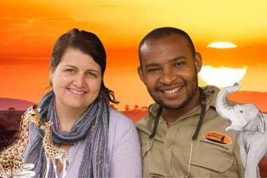 The backdrop is a beautiful landscape in Africa. In the forefront is Donna and Nas. Next to them are two graphics - an elephant next to Nas and some giraffes next to Donna.