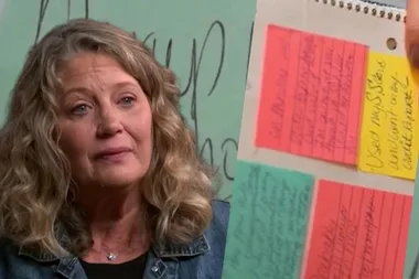 A collage of Angela Prichard's sister, looking emotional, and Angela's sticky notes.