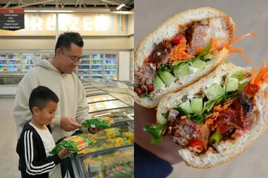 A collage of a man and his son on the left at the supermarket looking at peas in the frozen section. The right side of the collage is a delicious sandwich.