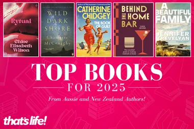 five covers of books lined up with text 'top books of 2025 (so far), from aussie and new zealand authors' with that's life! logo