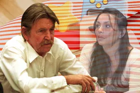 A collage with gift wrapping and a toybox in the background. In the forefront on the left is David Parker Ray in court. On the right is Survivor Cynthia Vigil