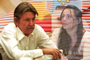 A collage with gift wrapping and a toybox in the background. In the forefront on the left is David Parker Ray in court. On the right is Survivor Cynthia Vigil