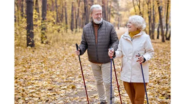 An older couple go Nordic walking through the woods.