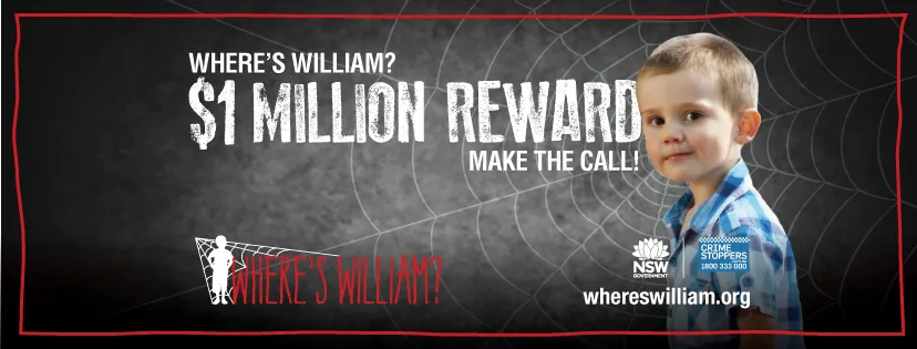 An ad for the Where's William Facebook page with a picture of William Tyrrell and the offer of a $1m reward.