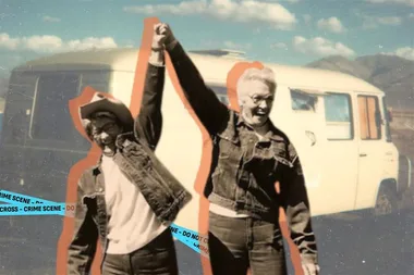 two women holding hands and VW van