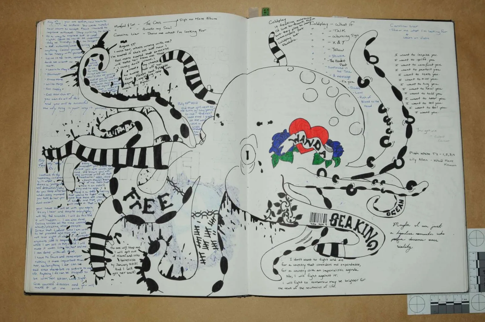 octopus drawing in black and white on a diary