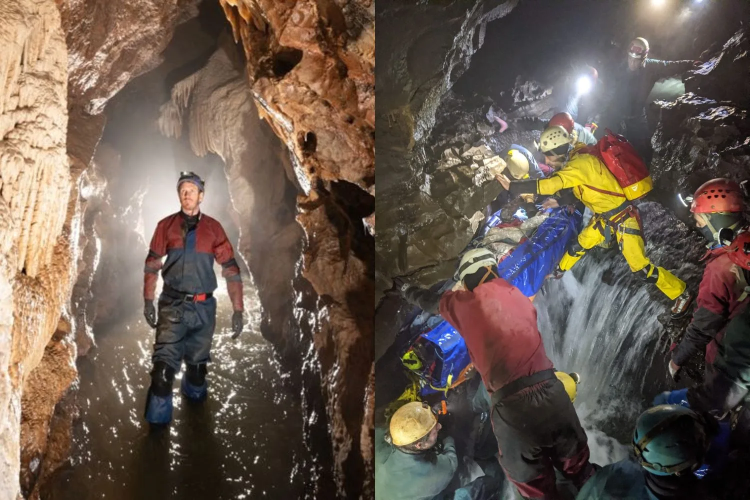 man in cave with head torch on and men in waterproofs staging a cave rescue in red and yellow carrying someone in blue.