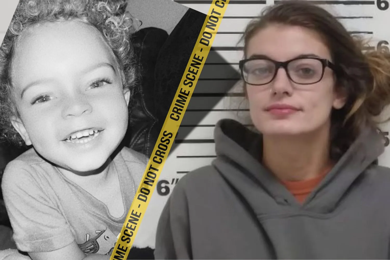 On the left is a black and white photo of toddler (boy) Kristian. On the right is his babysitter Makallie's mugshot. In the middle is crime tape.