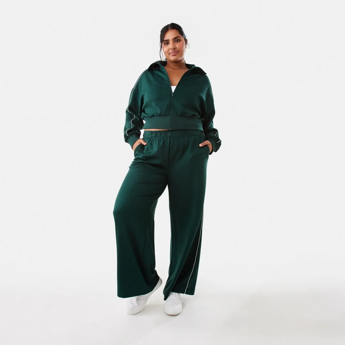 Kmart green zip cropped jacket and wide leg pants