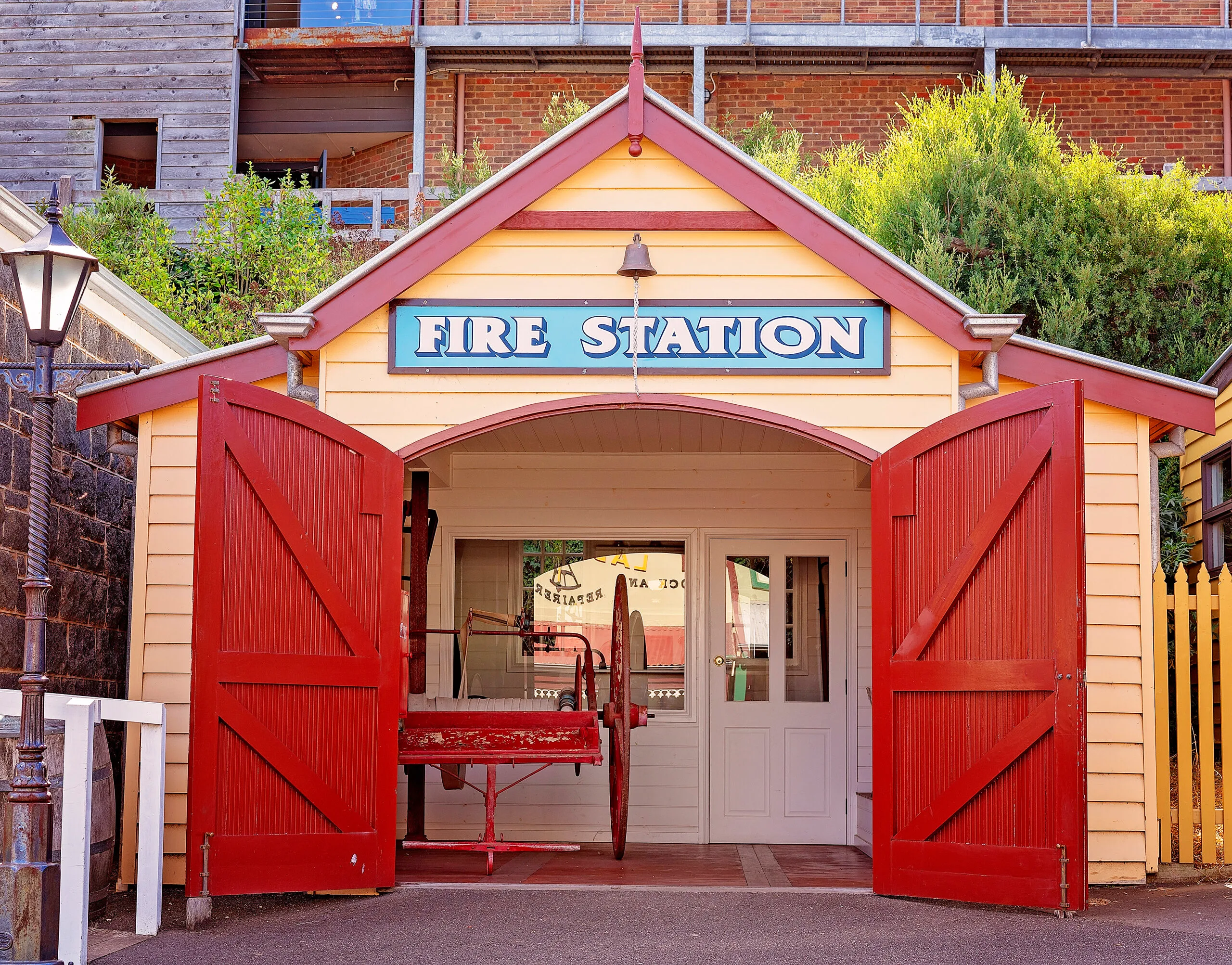 vintage red and white fire station