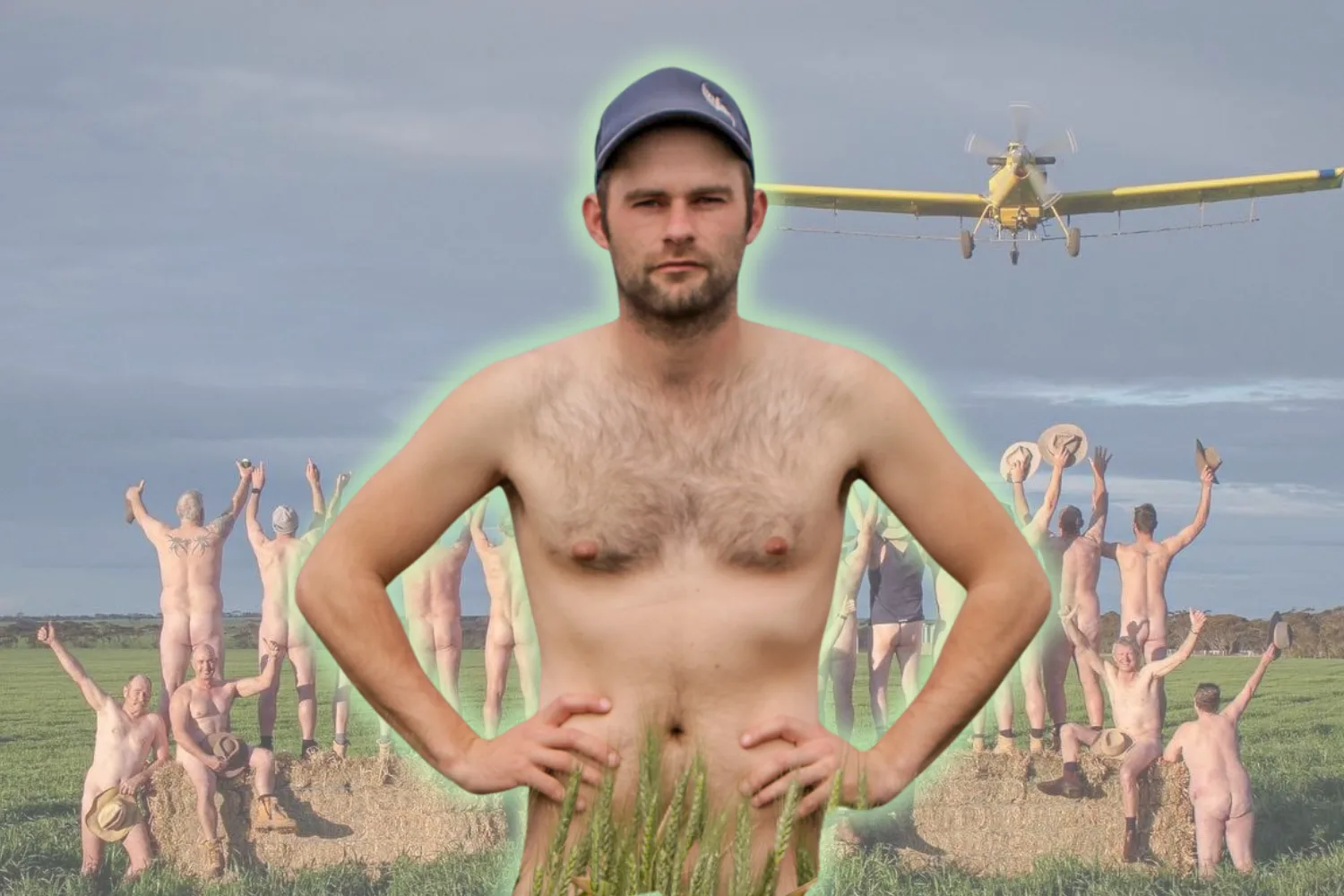 Ben, the founder of The Naked Farmer. He is at the forefront, bare chested and hands on his hips. In the background is a group of other naked farmers.