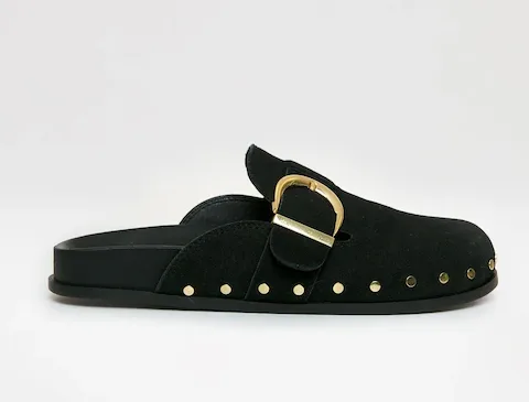 Black buckled shoes clogs