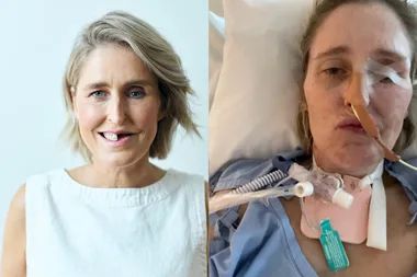 woman in white top blonde hair and woman in hospital in blue gown with tubes.