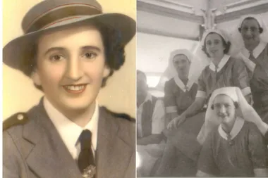 woman in nurses outfit and group of nursese in black and white
