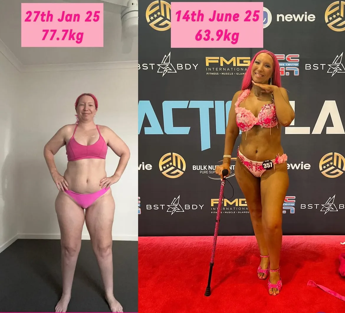 Rebecca wearing pink and training for bodybuilding whilst having FND