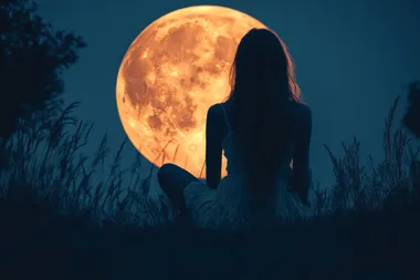 woman sitting in front of a giant full moon