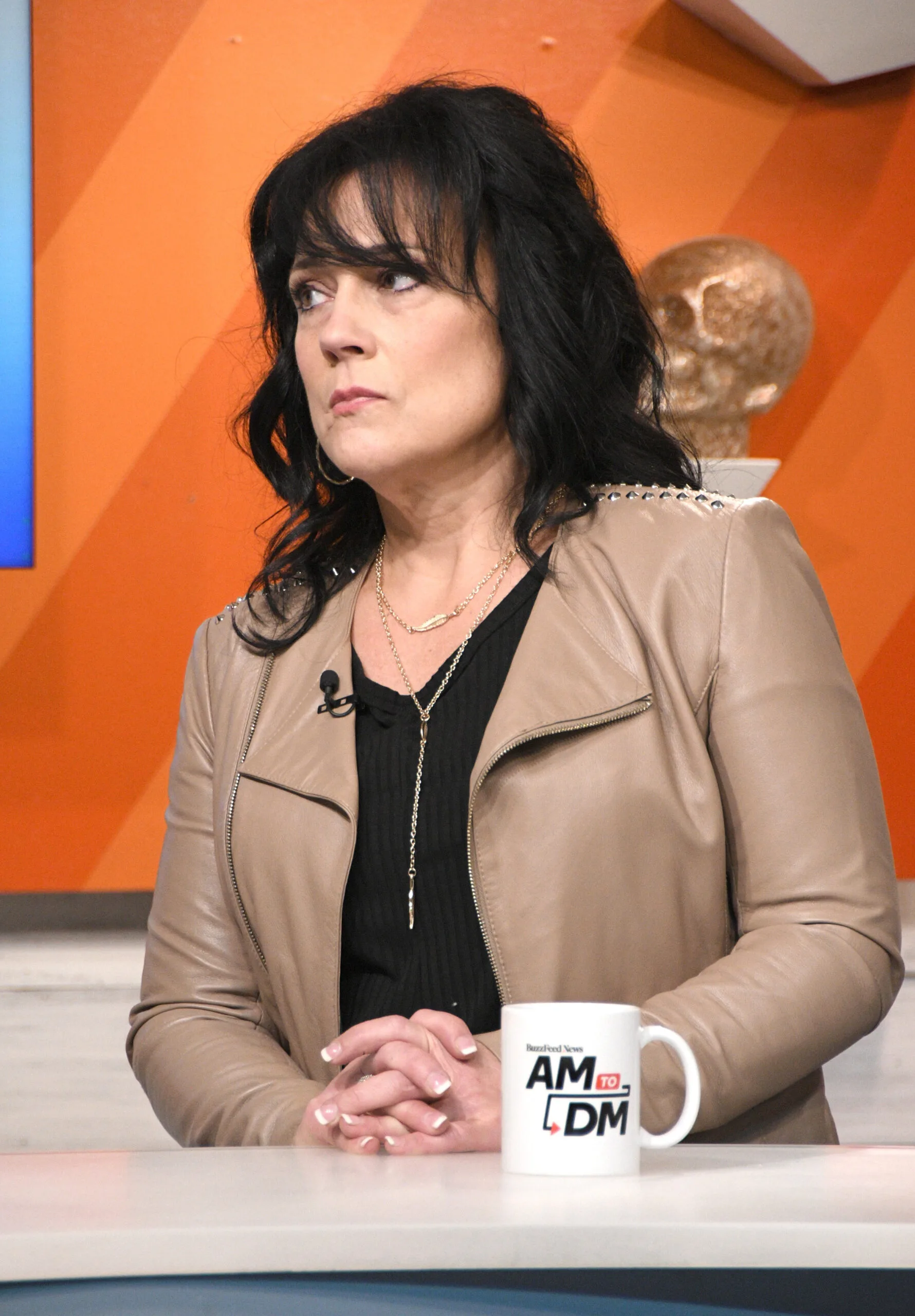 woman with dark hair and mushroom coloured leather jacket speaking on TV
