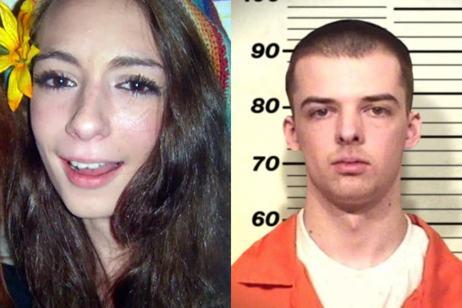 Left image of woman with yellow flower in hair. Right image of serial killer wearing orange jumpsuit.