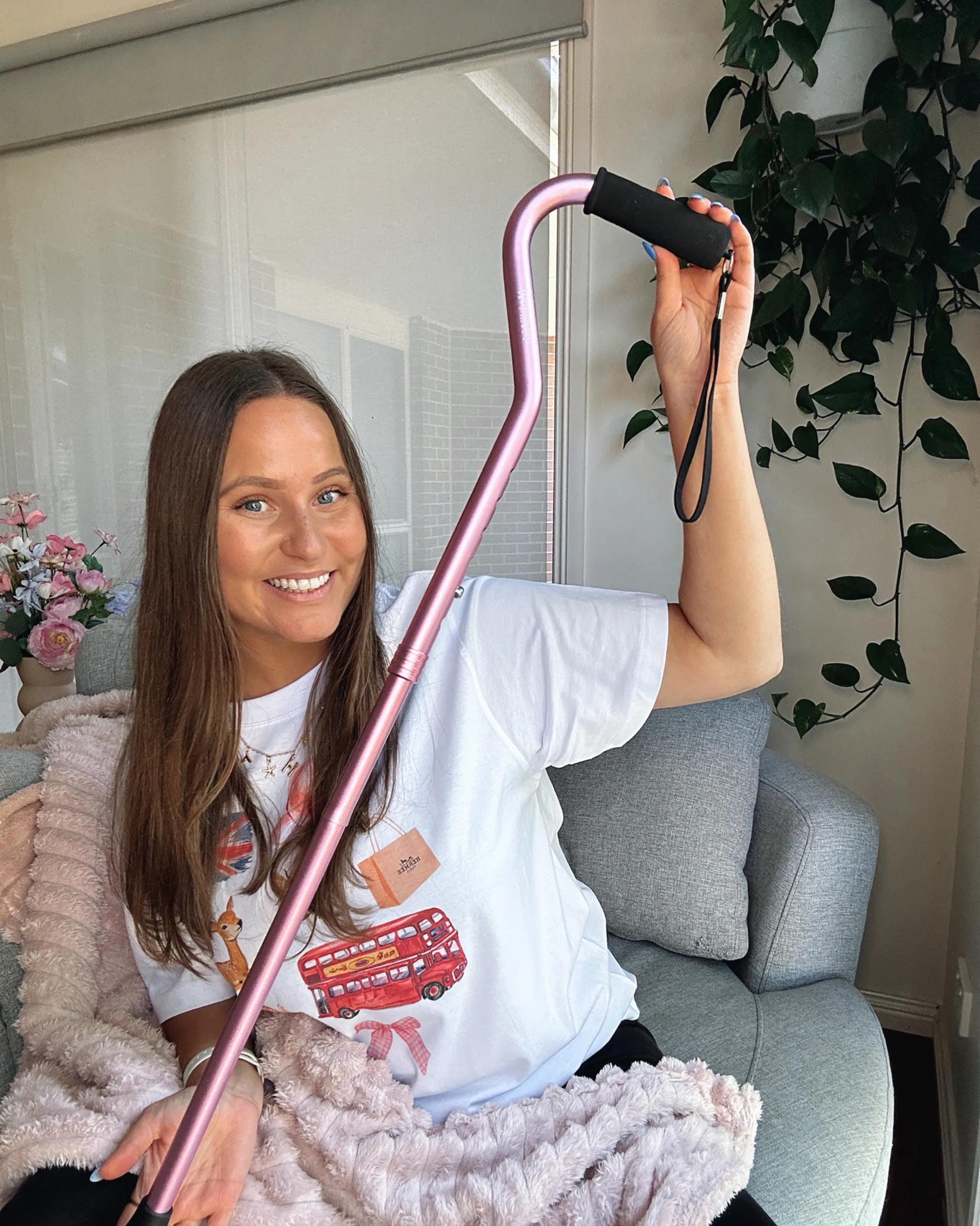 Hayley needs to use a cane due to her fibromyalgia 