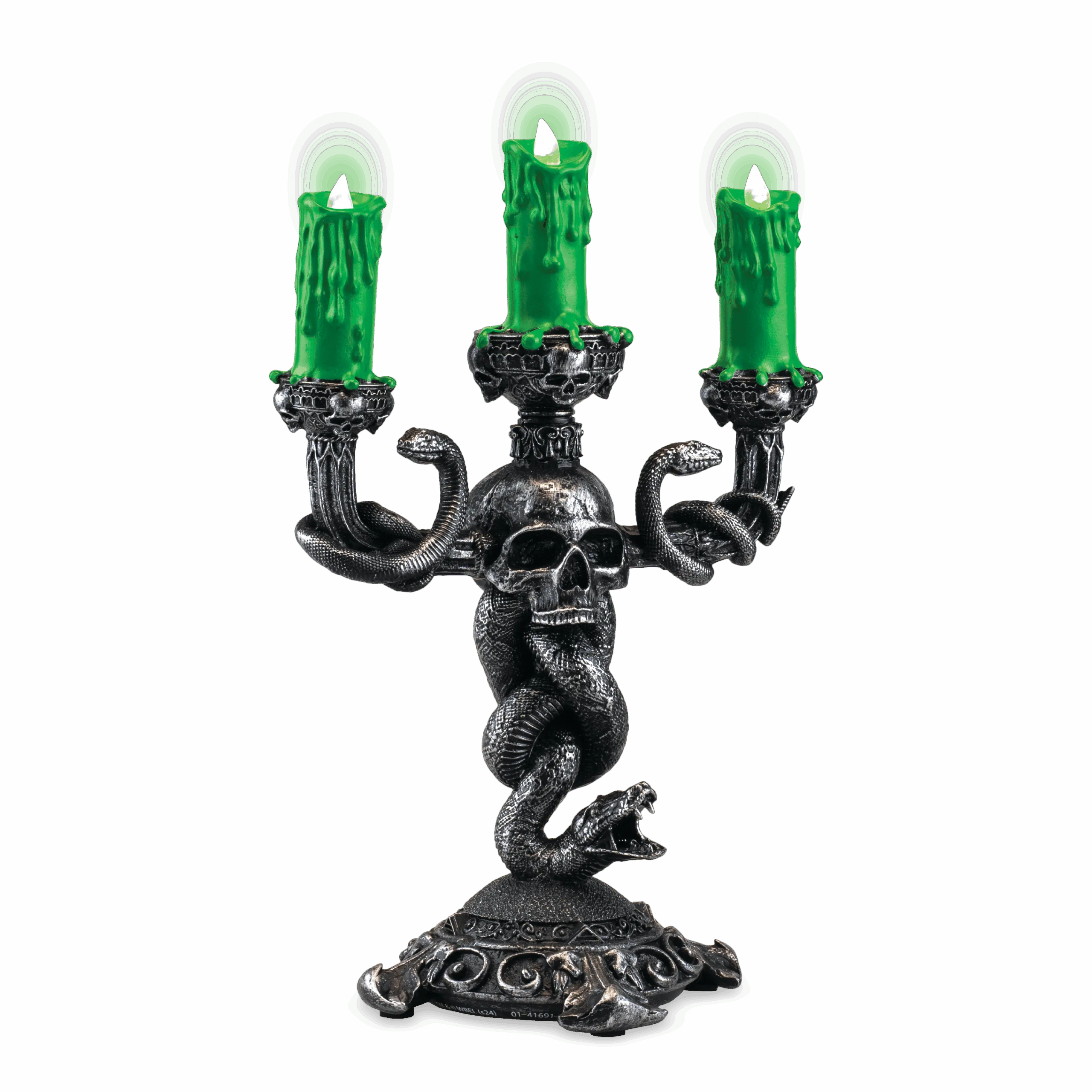 Green candles in a spooky candelabra