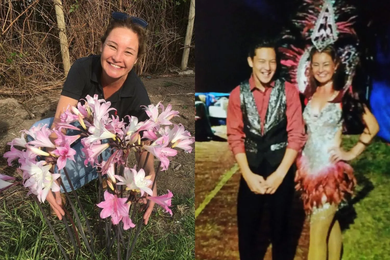 woman holidng flowers and woman in head dress and sparkly dress with bboy in pink shirt and suit.