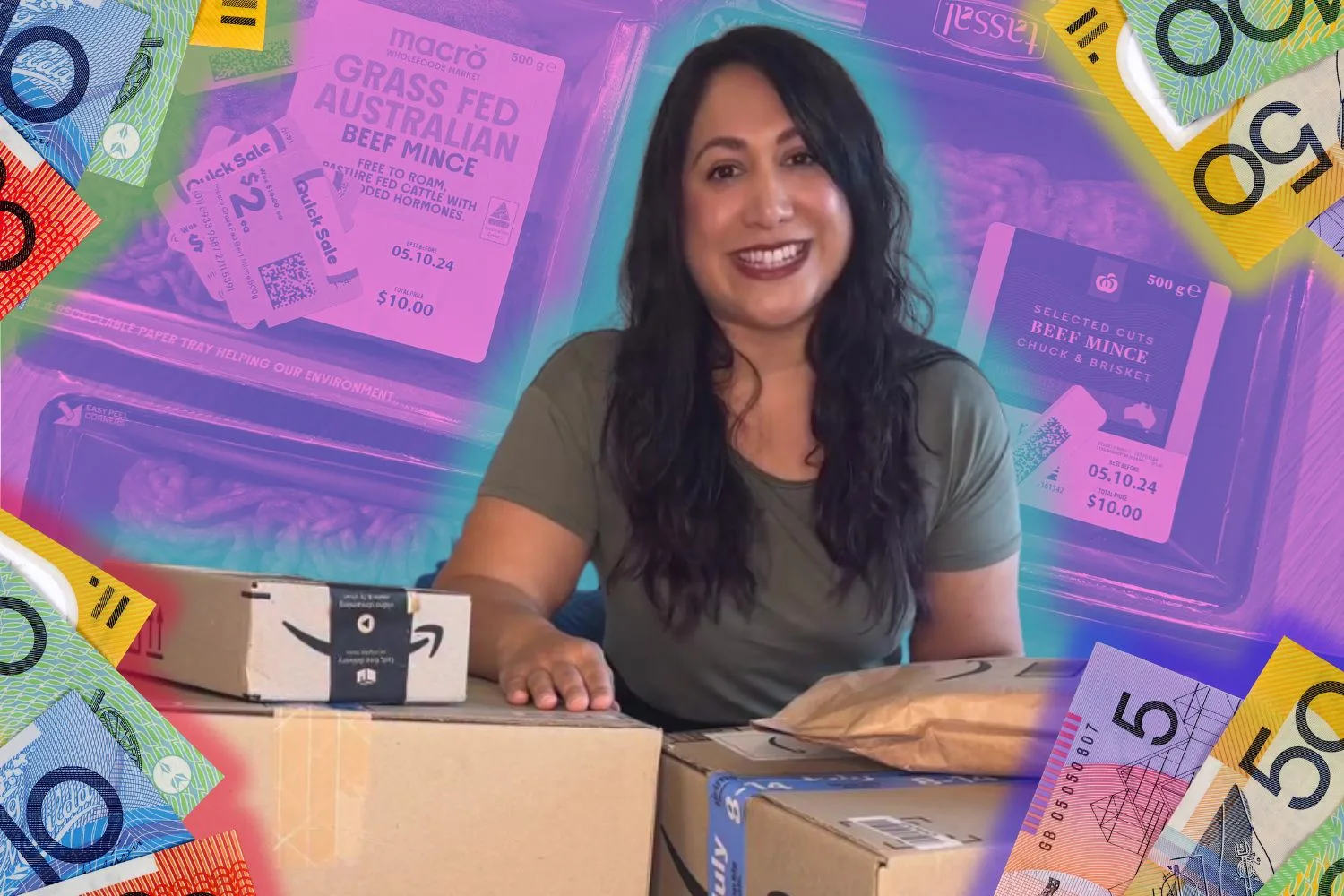 Bargain Boss Amanda Dean with a purple image in the background of food deals and money notes in the corners.