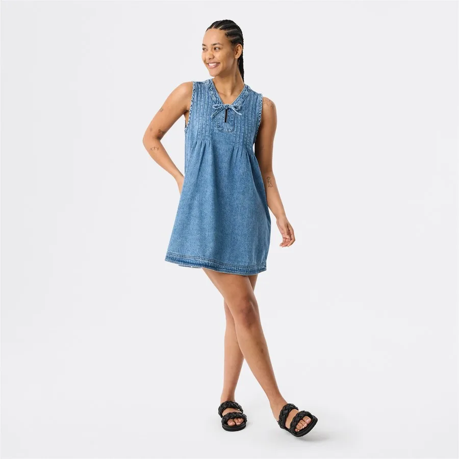 Denim pintuck shift dress