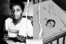 Left: Joy with a photo of her baby, Carlina. Right: Copy of family photo of missing baby Carlina White