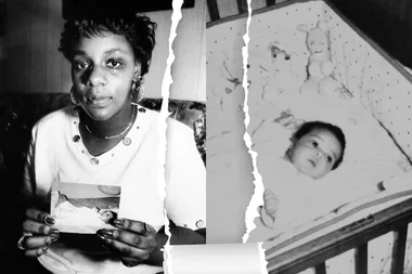 Left: Joy with a photo of her baby, Carlina. Right: Copy of family photo of missing baby Carlina White