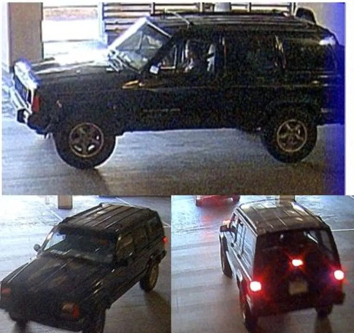 grainy cctv footage of a jeep driving