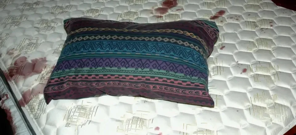 patterned pillow on bed mattress with blood splatters