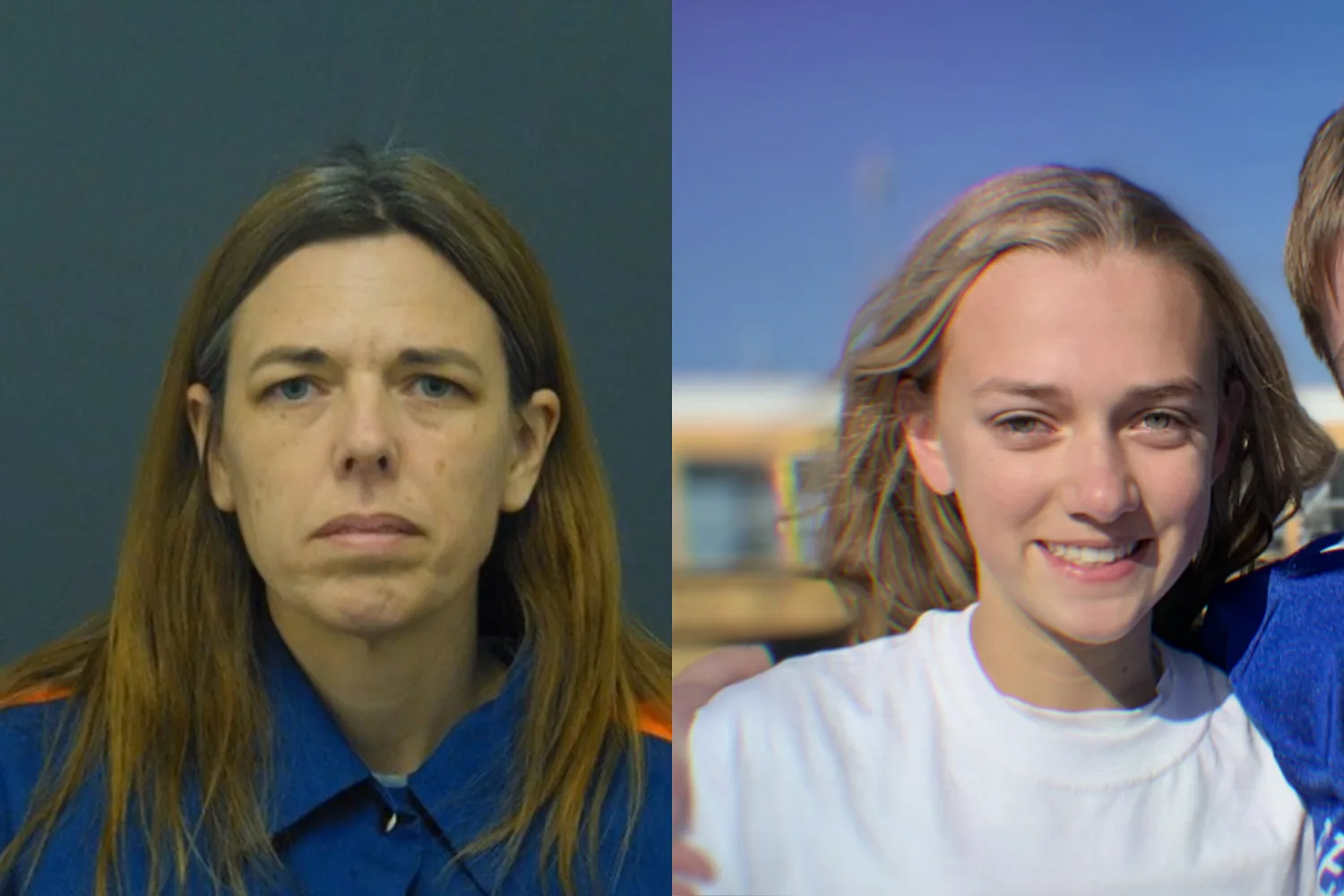 Image left: mug shot of cyber bully mum. Image right: daughter and cyber bully victim