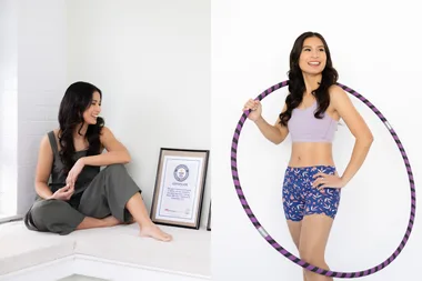 Image on left - Woman sitting on couch next to Guinness World Record certificate. Image on right - Woman standing in active wear singlet and shorts holding hula hoop.