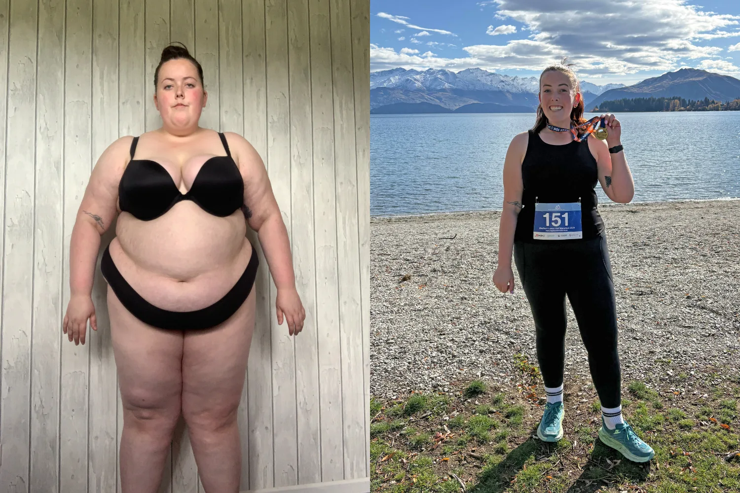 Image on left - Woman standing in her underwear before major weight loss. Image on right - Woman standing in workout gear at the beach after major weight loss.