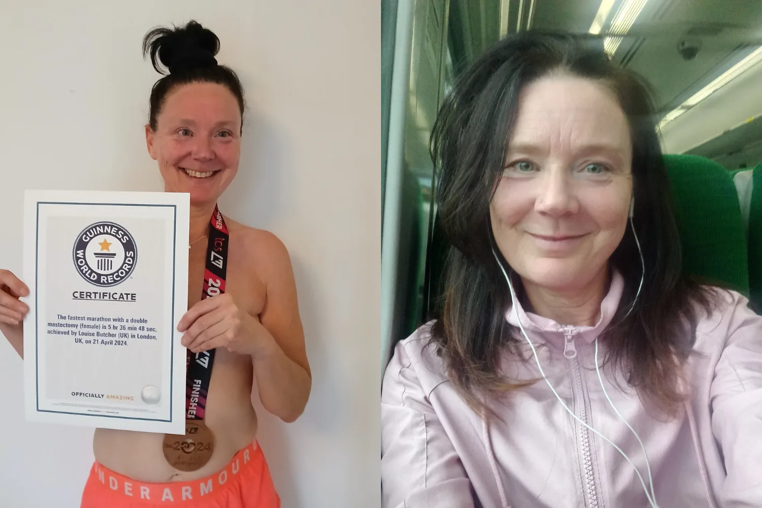 Image on left - Topless runner holding Guinness world record certificate. Image on right - Woman wearing pink jumper and smiling