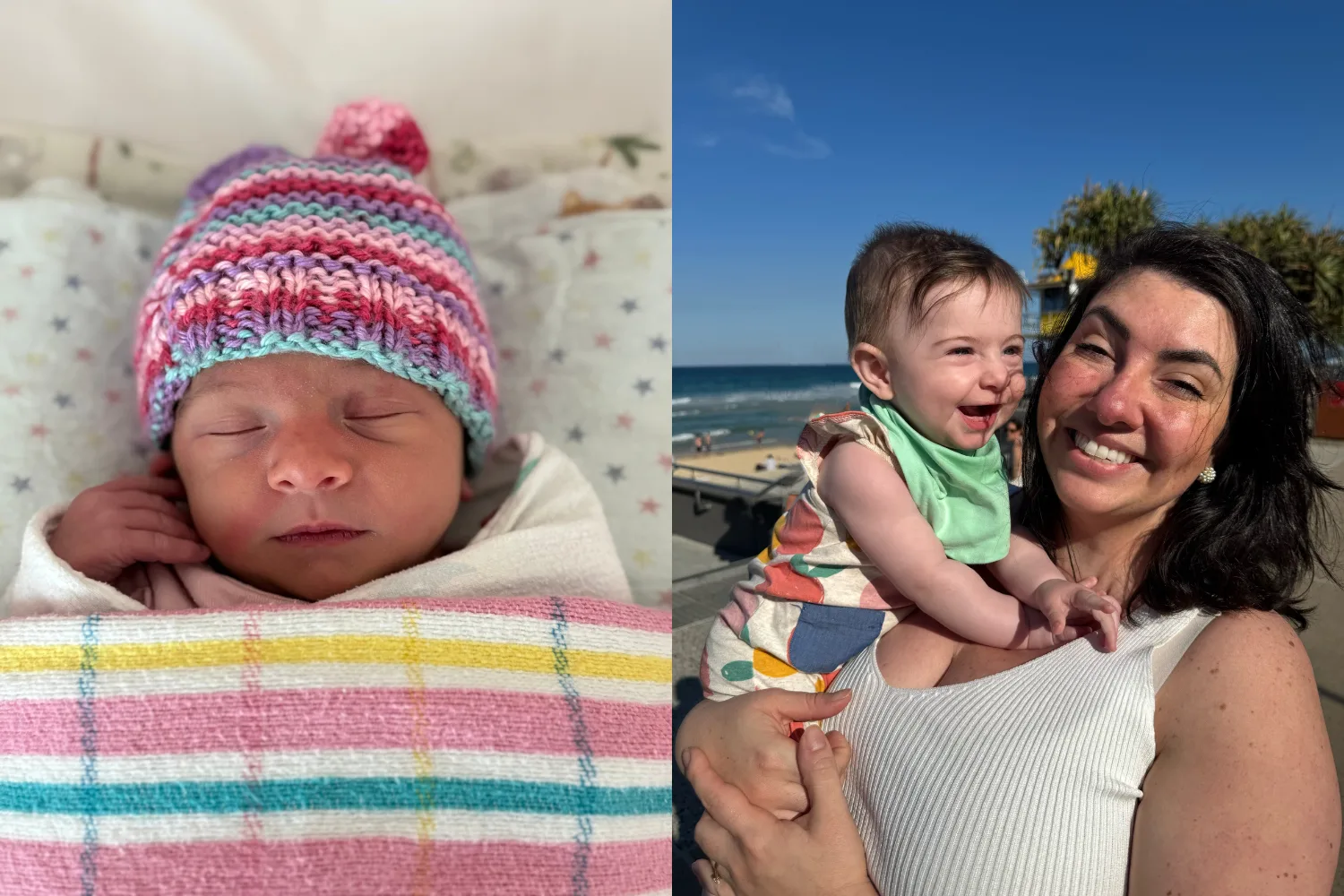 Image on left - newborn baby wrapped in baby blanket and wearing knitted beanie. Image on right - woman and toddler smiling.