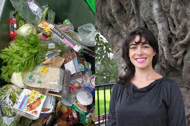Image on left - dumpster diving grocery haul Image on right - dumpster diving woman smiling for the camera